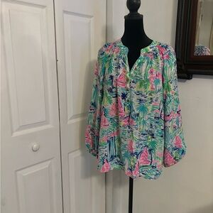 Lilly Pulitzer 100% Silk Long Sleeve V-neck Tunic Top Size Large #Sirens